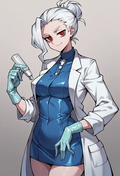 1girl, zdrada (helltaker), ((blue medical gloves)), ((surgical gloves)), ((latex gloves)), ((long sleeves)), looking at viewer, ((white doctor outfit)), standing, solo
