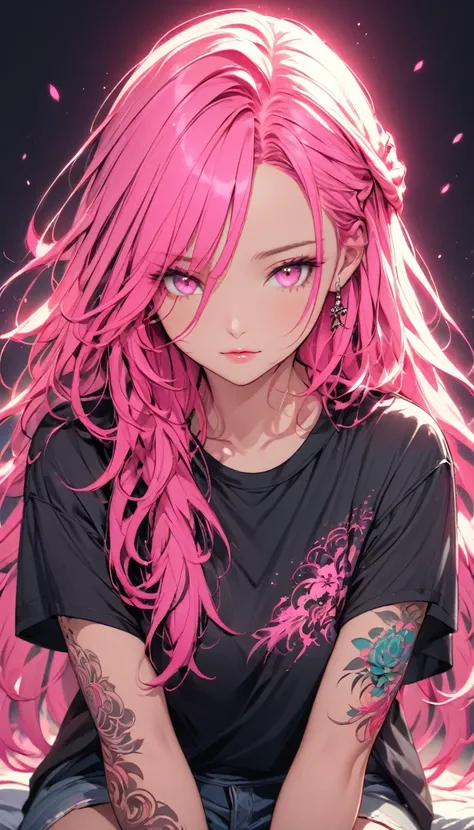 "A digital illustration of a girl with long hair, illuminated by a pink neon glow. The girl has a serene expression and is wearing a black cropped t-shirt, with a detailed tattoo on his arm. The background is dark, highlighting the bright neon colors and a...