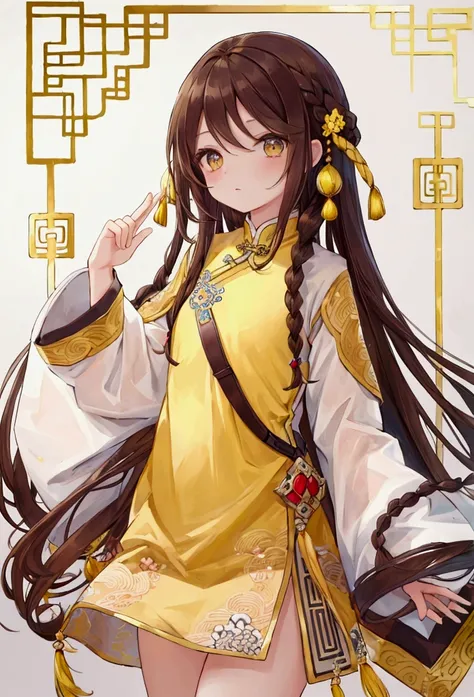 masterpiece, best quality,flat chest, cute eyes, twin braid, dark brown hair,yellow antiquity chinese clothes
