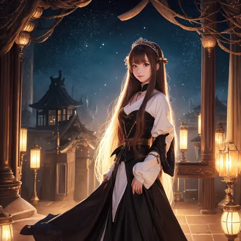 masterpiece, best quality, 1 Girl, Solitary, ((Mature female)), Round pupil, long hair, hair, Princess, Black skirt, fantasy, Happy, Looking at the audience, cartoon, Japanese cartoons, (painting)