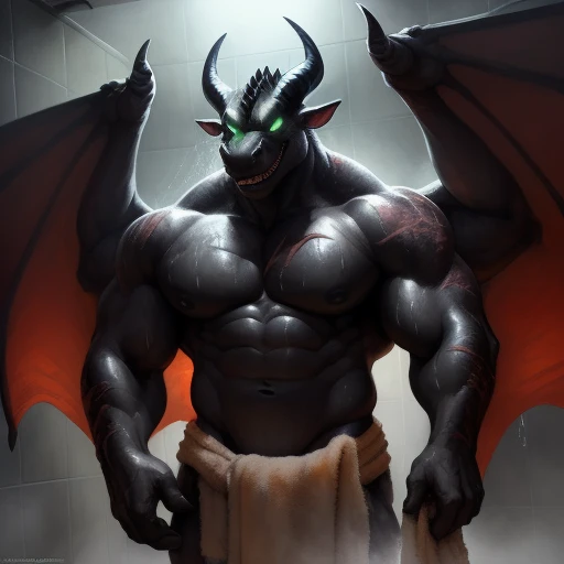 front view, front shot, close up view, (((pulling towel down))), scars, shower room, day, daylight, standing, presenting crotch, hair crotch), black nipples, (ultra detailed), a beautiful and detailed full size portrait of a male anthro dragon, scalie, dra...