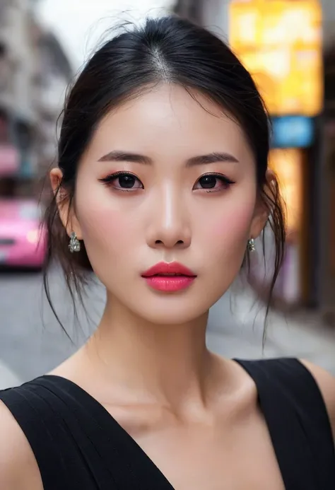 ((chinese woman, she is a professional fashion model, 30 years old, has stylish atmosphere)), wearing stylish black dress, standing at street, black medium hair, black eyes, closed mouth, pink lips, ((Slanted Eyes, Hanging eyes, small eyes, narrow eyes:1.2...