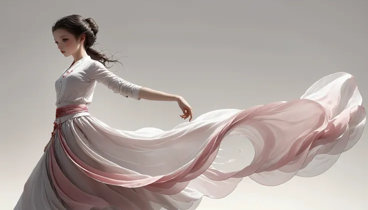 Dance photography：A little girl，Solitary；A dancing little girl；[Long skirt elegant style，Gray pink and white gradient，Traditional style，Smudged skirt hem，Full screen skirt]；[elegant，Flexible skirt；Long hair，Long hair披肩]。[Chinese dance]，[[[Full body panoram...