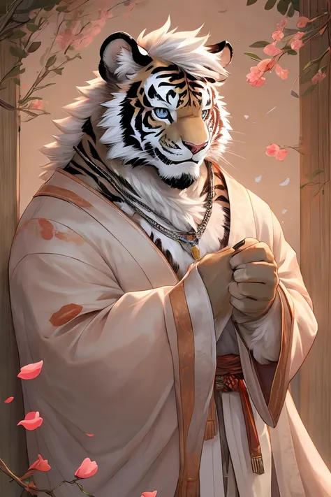 White fur,black strips,white tiger,medium height,Thin body type,Peach Blossom,White hair,Silver necklace,white tiger Orc,short hair,Smile,Solid wood house background,Croak,Peach Blossom Petals,male,Blue eyes,White robe,Peach Blossom Opens,Exquisite eyes,Wh...