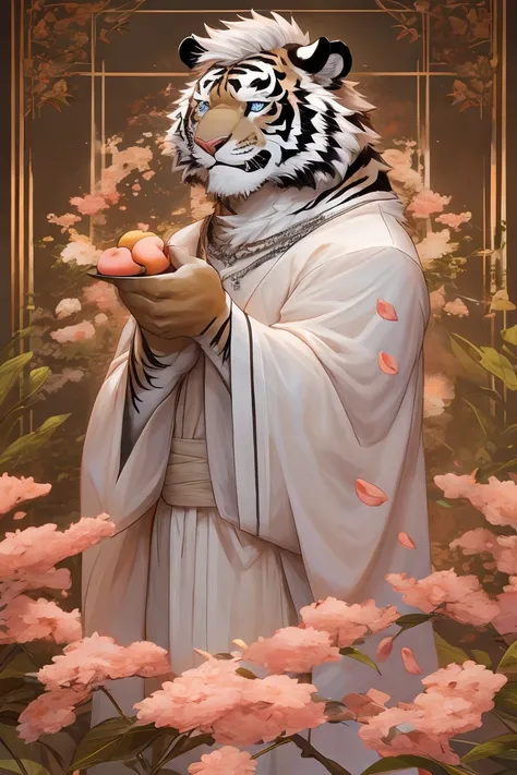 White fur,black strips,white tiger,medium height,Thin body type,Peach Blossom,White hair,Silver necklace,white tiger Orc,short hair,Smile,Solid wood house background,Croak,Peach Blossom Petals,male,Blue eyes,White robe,Peach Blossom Opens,Exquisite eyes,Wh...