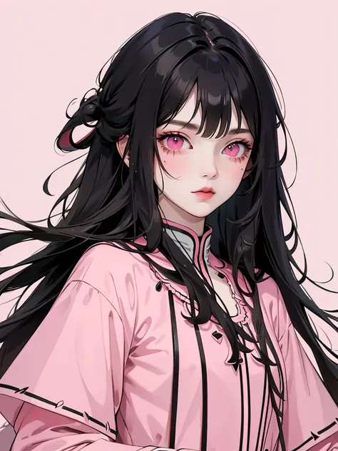 (flat color:1.1),(masterpiece:1.2), original, medium length straight black hair, pink-colored eyes, mature girl