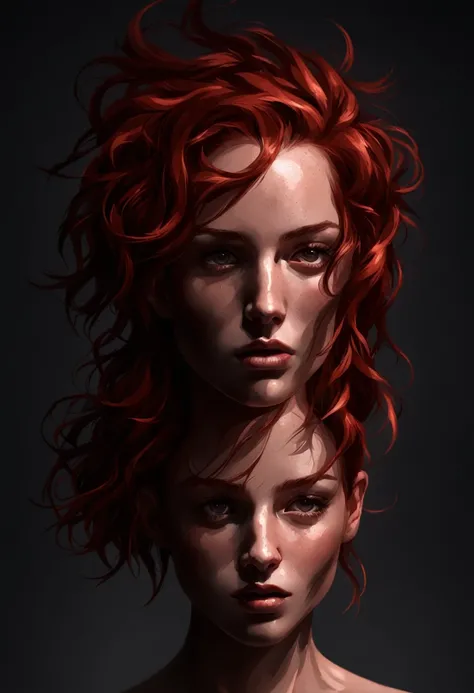 figurative female head, curly red hair, freckles, digital painting, dark background, by Thiago Moura Janurio and Wlop, backlit, melancholic but colorful, dark background, trending on artstation, cleavage, short skirt, thigh, sexy