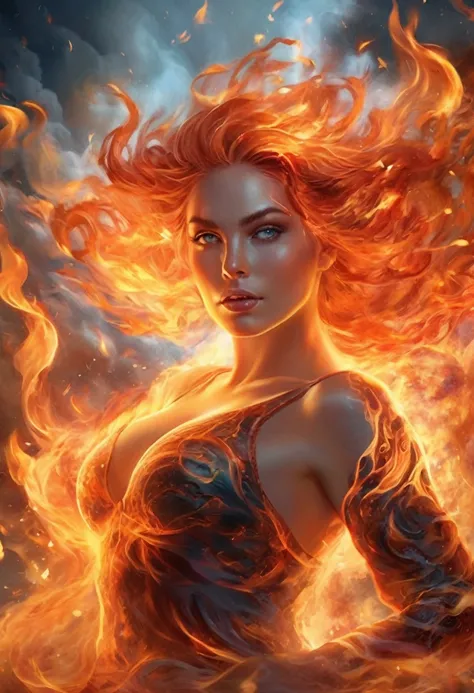 (Masterpiece, high quality, best quality, official art, beauty and aesthetics:1.2),(fire element:1.1),composed of fire elements,(1girl:1.2),burning,transparency,fire,(molten rock),flame skin,flame print,fiery hair,smoke,cloud,(radiant:1.1),(flames soaring:...