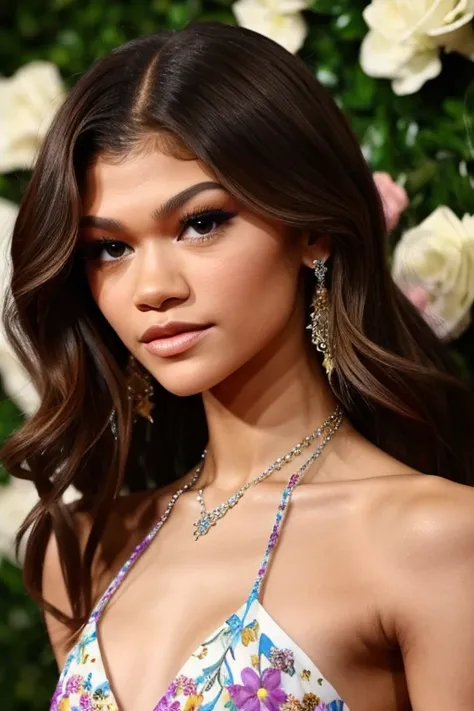 Beautiful Zendaya with beautiful eyes and hair in a halter dress with beautiful flowers around it with a beautiful necklace on her neck, tight dress, at night, beautiful in front