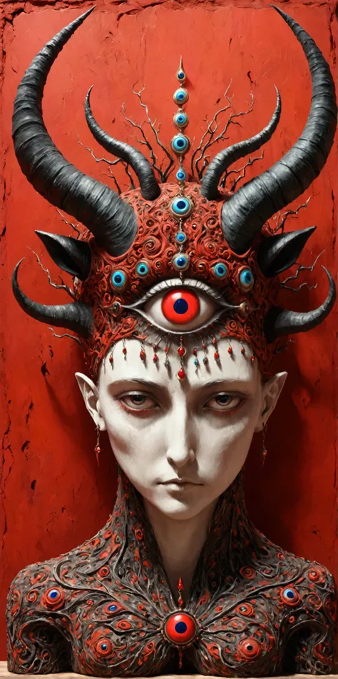 3D Abstract Sculpture，weird,Horns on the head - long，The third eye on the forehead，whole body，Abstract Art,Surrealism，Red background