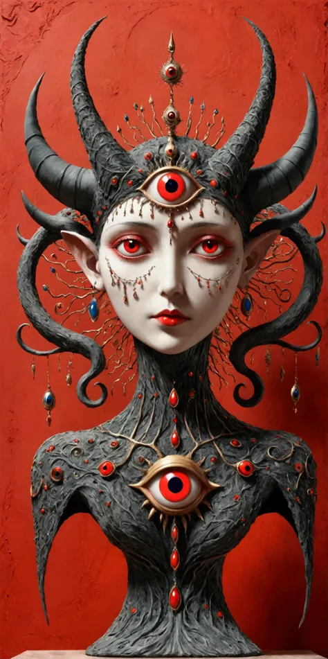 3D Abstract Sculpture，weird,Horns on the head - long，The third eye on the forehead，whole body，Abstract Art,Surrealism，Red background