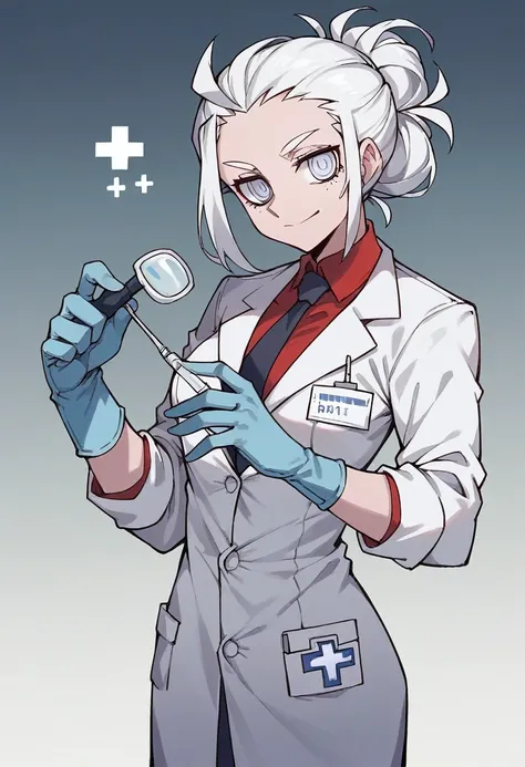 1girl, angel (helltaker), ((blue medical gloves)), ((surgical gloves)), ((latex gloves)), ((long sleeves)), looking at viewer, ((white doctor outfit)), standing, solo
