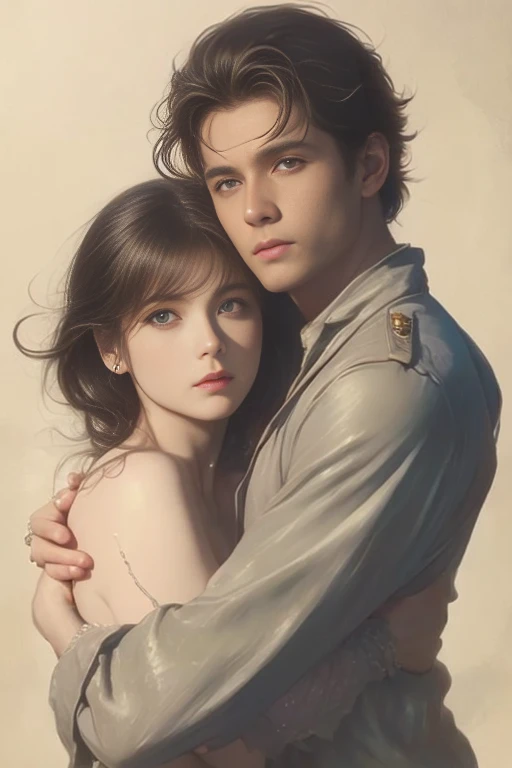 High-quality images of couples: blond man (Tall、Statue-like、Handsome and、Brave young man、Blue eyes、Curly golden hair、Wearing a grey antique military uniform) A woman with black hair (long straight black hair、Long Bangs、Blackberry eyes、A beautiful young fem...