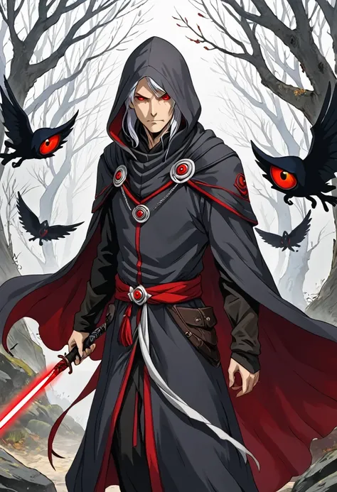 Gray hair, red eyes, third eye on the right side, assassin, male, hooded cloak 