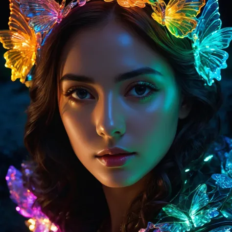 author：Deborah Butterfield, Andy Goldsworthy, Xavier Ponte Villard, Close up transparent neon girl silhouette liquid epoxy resin holographic garland sculpture face portrait, Bioluminescence, Light inside, Sunset sky, cloud, Double exposure device, beautifu...