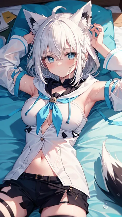 (best quality:1.2), (ultra detailed:1.2),(masterpiece:1.2),(8k:1.2),(aafbk, long hair, ahoge, animal ears, breasts, fox tail, blue neckerchief, white hoodie, detached sleeves, white sleeves, navel, short shorts, black shorts, thigh strap, single thighhigh,...