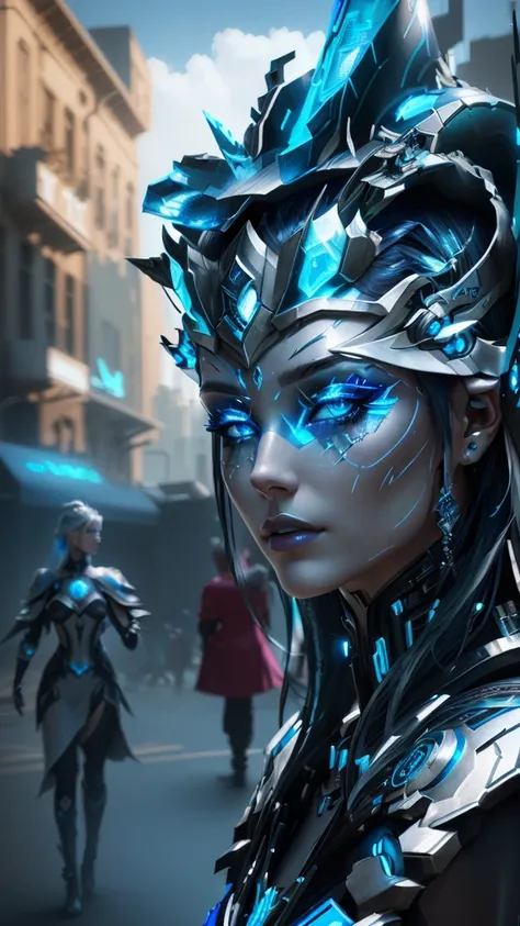 there is a woman with a blue and silver costume on, cyberpunk robotic elvish queen, portrait of a cyborg queen, fantasy art behance, beautiful cyborg priestess, stuning fantasy 3 d render, cyborg noble woman, stylized urban fantasy artwork, beautiful cyber...