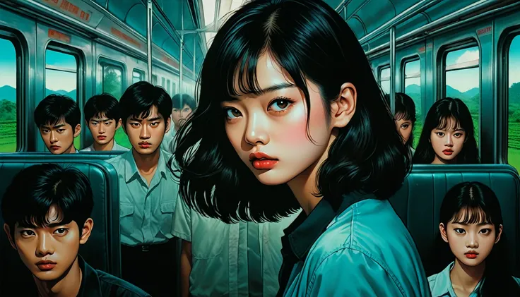 An illustration、art、80s Thai horror movie poster, Supervised by Junji Ito、(train:1.2)、High 、Attention to detail, Realistic Shadows、Analog Style, chromatic aberration, Surrealism、Complementary Gradient