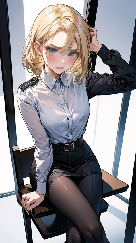 {{masterpiece}}, {{{Highest quality}}},{{Very detailed}},｛{{from below}}｝、｛{{View from below}}｝、｛{{Low - Angle}}｝Spread your legs,{{Blonde female police officer sitting on a chair}}Pencil skirt with slits,belt　Black leggings,Black tights,Small breasts　Blac...