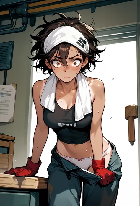 masterpiece, best quality, mature woman, messy hair, black hair, brunette gradient hair color, hot face, (tomboy face), tan skin, mature body, fit body, medium breasts, mechanic gloves, (dirty tank top), stained tank top, midriff, white bandana, mechanic p...