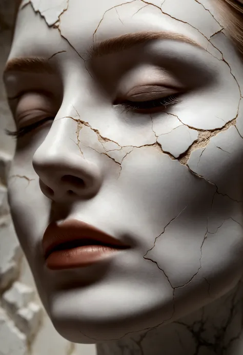 "Closeup of a female face sculpted in white marble, with numerous cracks that reveal a porcelain interior, closed eyes, long eyelashes, lips slightly parted, soft lighting that highlights textures (photo studio lighting). Hyperrealistic style, focus on det...