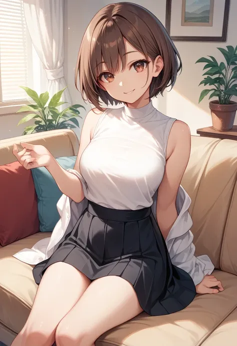 solo, straight hair, short hair, brown hair, brown eyes, white shirt, sleeveless, black skirt, sitting, sofa, indoors, looking a...