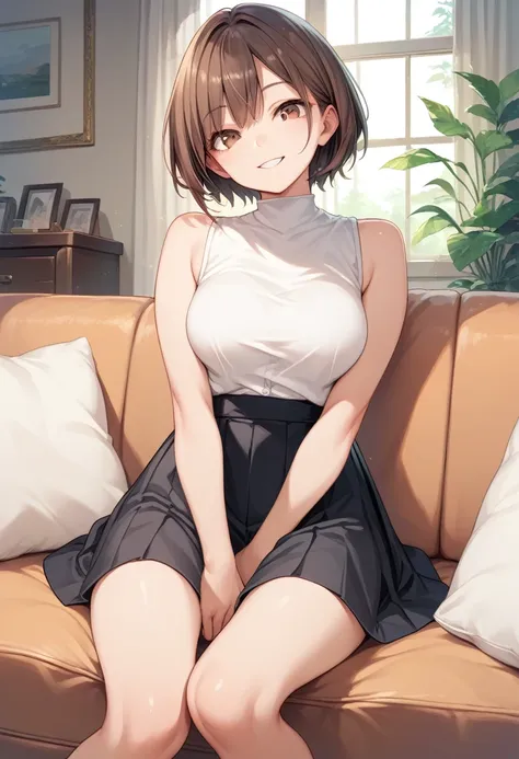 solo, straight hair, short hair, brown hair, brown eyes, white shirt, sleeveless, black skirt, sitting, sofa, indoors, looking a...