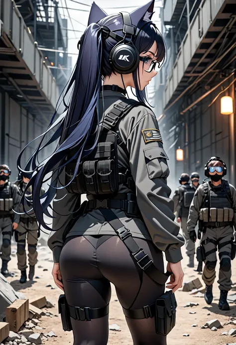 8k ultra high-quality, ultra-detailed, high quality, dark blue hair, long hair, headset, goggles, cat girl, grey tactical clothe...