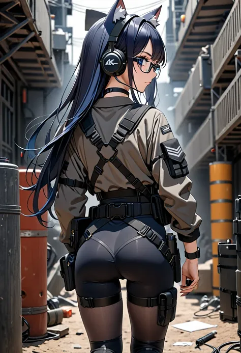 8k ultra high-quality, ultra-detailed, high quality, dark blue hair, long hair, headset, goggles, cat girl, grey tactical clothe...