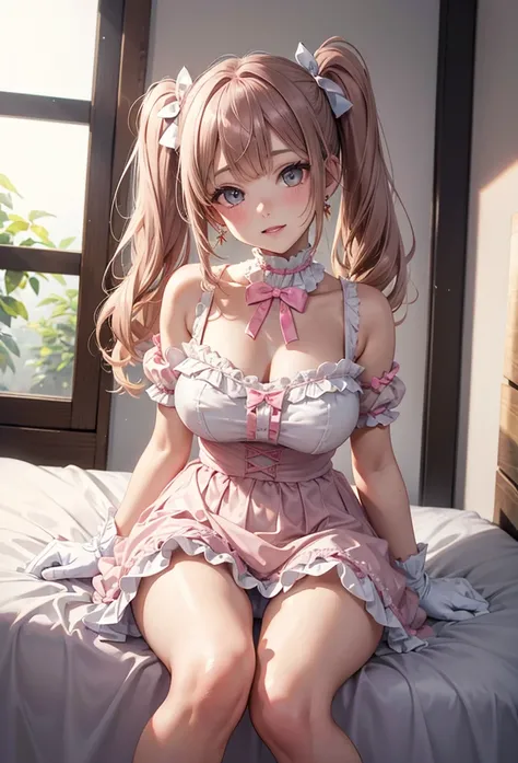 A beautiful lolita girl sitting on the bed with her legs open, anime girl, in the room, home interior, pastel pink lolita dress, short sleeves, a pair of short socks, choker with a bow, short white gloves, lolita shoes fashion, white panties, dark brown ha...