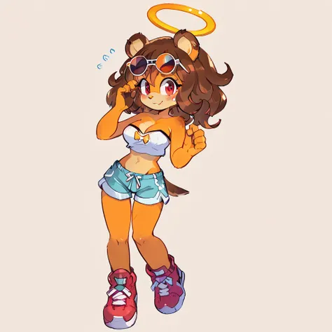 score_9, score_8_up, solo, mobian, hedgehog, two-tone fur ((orange fur, brown fur)), pyjama elastic shorts, strapless crop top, cleavage, high-top sneakers, two-tone hair (brown hair, black tip)), curly hair, halo, sunglasses, jewelry, red eyes, longeyelas...