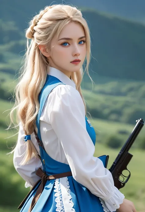 ((masterpiece)), ((best quality)), ((high resolution)), ((Detailed background)), ((Extremely detailed CG unity 8k wallpaper)), Solitary, Shiona, Blonde Hair, Long hair, blue eyes, Tufts, Cowboy shooting, outdoor, ((maid outfit))