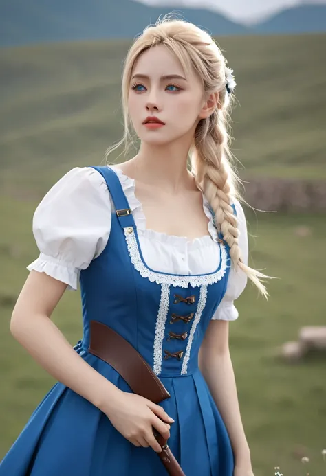 ((masterpiece)), ((best quality)), ((high resolution)), ((Detailed background)), ((Extremely detailed CG unity 8k wallpaper)), Solitary, Shiona, Blonde Hair, Long hair, blue eyes, Tufts, Cowboy shooting, outdoor, ((maid outfit))