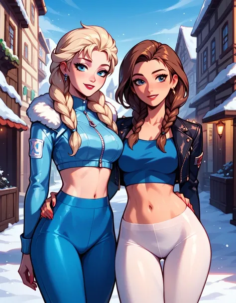 score_9, score_8_up, score_7_up, score_6_up, 2girls, elsa (blonde hair, braid, blue tights, cropped ski jacket, navel:1.1) and anna (brown hair, braided pigtails, white tights, cropped jacket, navel:1.3),, romantic scenes, on dates, snowy village street, l...