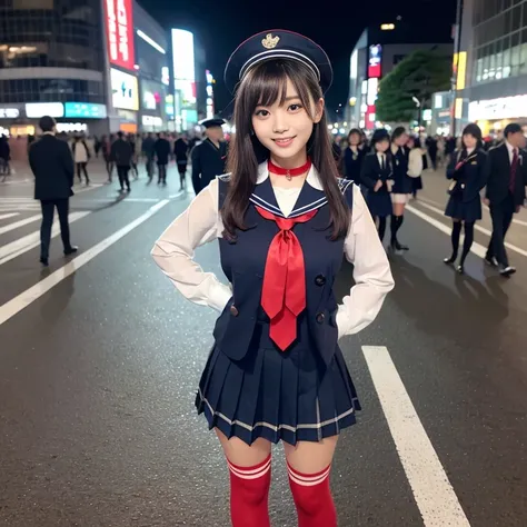 (a trio of gorgeous Asian woman, age 20s, standing with hands in hip, at empty Shibuya Crossing Tokyo, no people, under night sky. Theyre dressed in Japanese Highschool Uniform, silver digital neck choker, white blouse with a sailor-style collar, a blue pl...