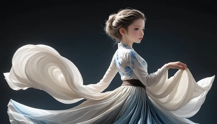 Dance photography：A little girl，Solitary；A dancing little girl；[Black Eyeball，confidence，High and cold，happy]；[Long skirt elegant style，Long sleeve；Gray blue and white gradient，Traditional style，Smudged skirt hem，Full screen skirt，Skirt smudge background，I...