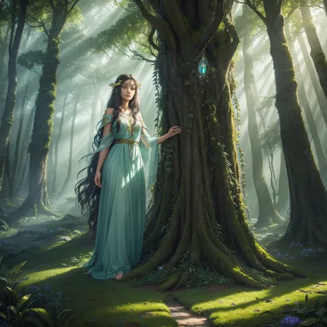 girl, solo, (fantasy art:1.3), portrait, standing in an enchanted forest, magical forest, surrounded by ancient trees with emerald, silver, and golden leaves, bioluminescent moss and flowers on the ground, mystical light beams filtering through the canopy,...