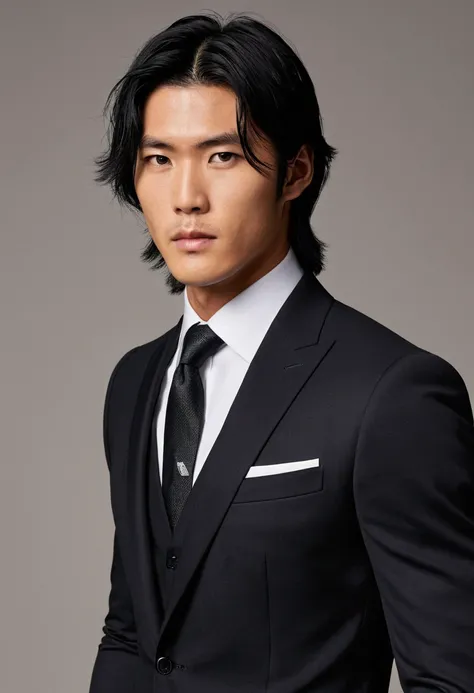 An attractive 27-year-old athlete，Medium length black hair，Wearing a Hugo Boss suit、Japanese、Handsome