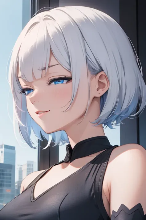 A woman with silver bob hair and blue eyes, her eyes are condescendingly, she is very happy, extremely detailed and realistic, masterpiece quality, ultra-detailed, HDR, studio lighting, vivid colors, physically-based rendering, Looking at the sky facing th...