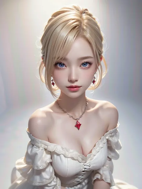 8k,Confused, High resolution, Very detailed, 1 girl, alone, Very beautiful eyes, Ultra-precise depiction, Artistic、Very detailed depiction, (Tangled:1.2), , (White high key background:1.5), (((Red off-shoulder dress 1.5))), 、 short hair、Earrings and Neckla...