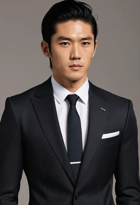 An attractive 27-year-old athlete，Medium length black hair，Wearing a Hugo Boss suit、Japanese、Handsome、Early Showa period