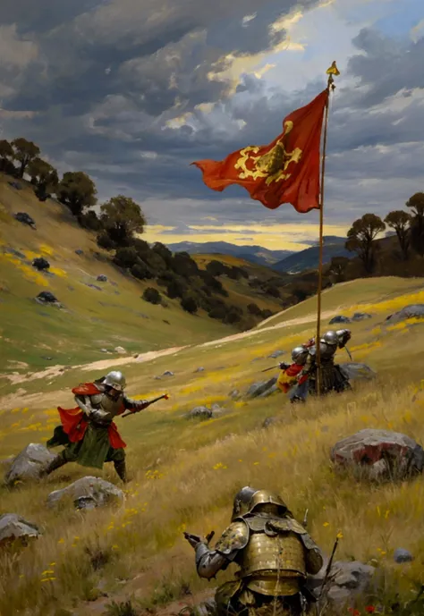 The battle of two armies on the battlefield, a medieval battle, red and yellow flags, against the backdrop of a rocky mossy hill, against the backdrop of rain