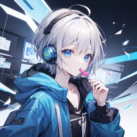 （masterpiece,Highest quality,Anime Style,atmosphere，More Information，CG rendering，Character portrait，Ray Tracing)((juvenile、juvenile、Shota、Solo))、Gray Hair、Blue Eyes、Blue and white gradient、Jacket、headphone、Eating candy