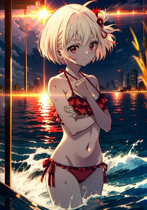  chisato nishikigi, short hair, bangs, Blonde, smile,(Red eyes:1.5),hair ribbon, One side up, Bobcut,smile,Red frilly bikini swimsuit,barefoot,Wet Skin,Wet swimsuit,Wet Hair,Water Play,evening,sunset,The sun is setting,Calm waves,
break outdoors,Beach,
bre...