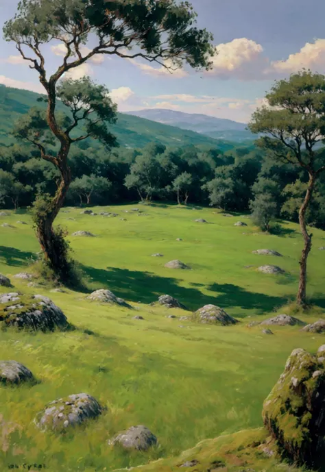 Large open spaces with green meadows and forests and rocky moss 