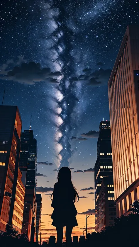 sky, star, landscape, starry sky, night, girl, night sky, solo, outdoor, building, clouds, tree, long hair, city, silhouette, cityscape, Back view