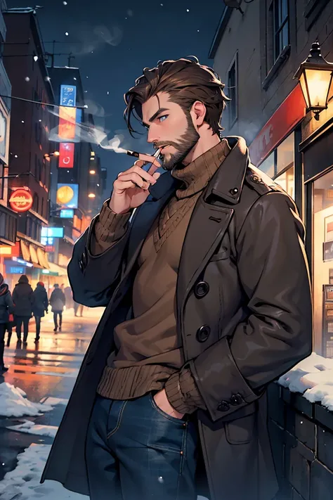 solo, 1boy, brown hair, short hair, brown beard, blue eyes, dressed in wool sweater with a neck, grey drape coat and dark blue jeans, smoking a cigarette, night, city, winter, snowing, half-body