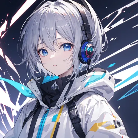 （masterpiece,Highest quality,Anime Style,atmosphere，More Information，CG rendering，Character portrait，Ray Tracing)((juvenile、juvenile、Shota、Solo))、Gray Hair、Blue Eyes、Blue and white gradient、Jacket、headphone