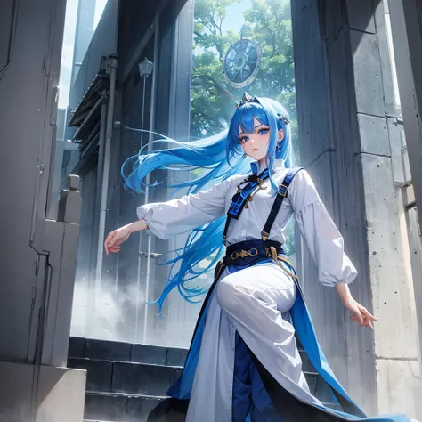 A princess with shiny blue hair and blue eyes. Wearing a short shirt and long pants, the emperor