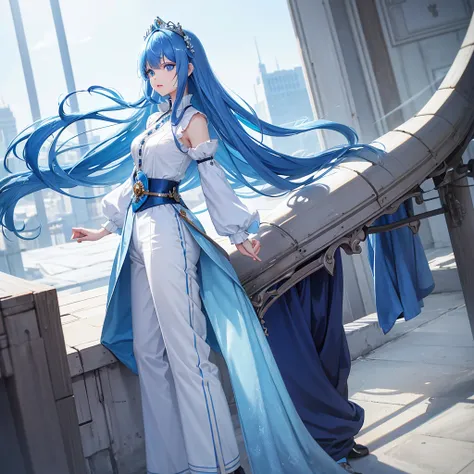 A princess with shiny blue hair and blue eyes. Wearing a short shirt and long pants, the emperor